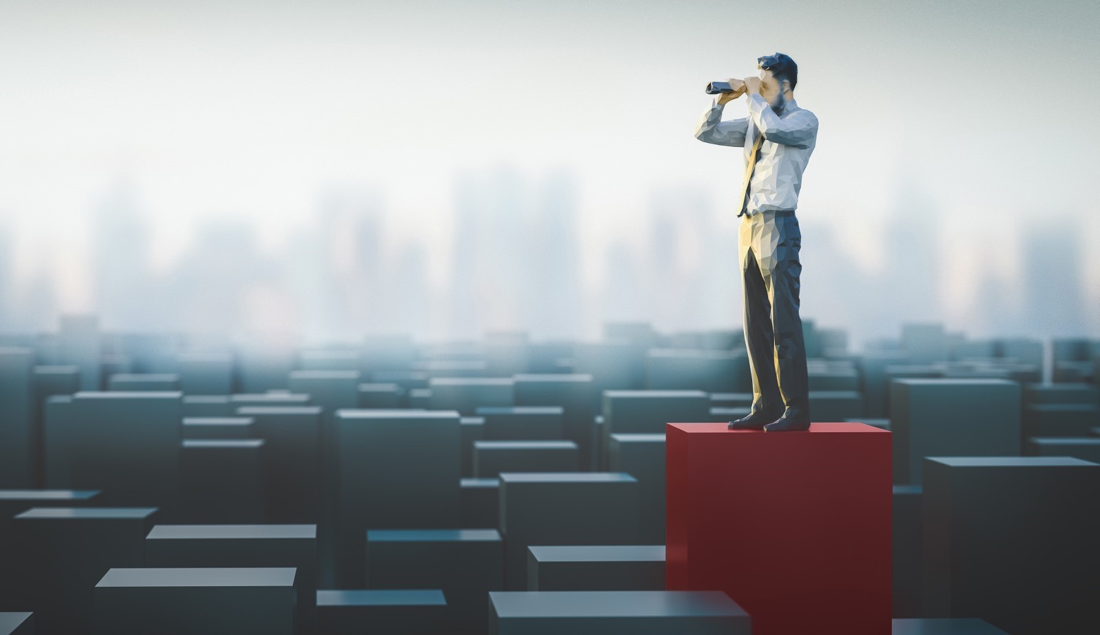 Businessman with binnoculars overlooks a landscape of graphs